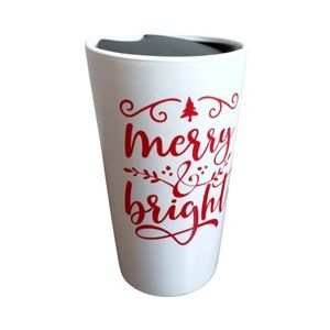 CHRISTMAS MERRY & BRIGHT Tall Ceramic COFFEE MUG With Lid  6" Tall